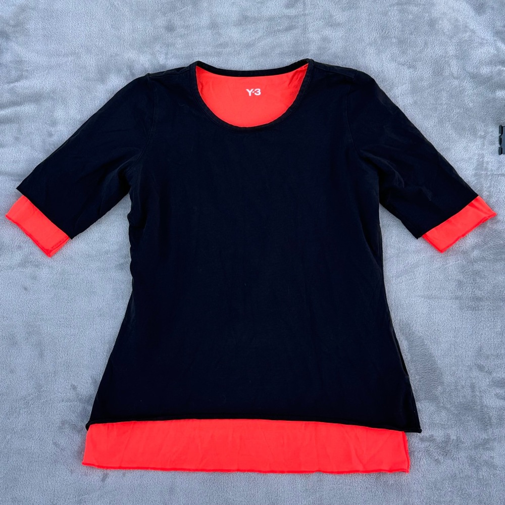 Y-3 Yohji Yamamoto Adidas Women Black Neon Orange Layered T-Shirt D80373 Large